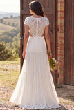 Boat Neck A-Line Ivory Cut Out Sweep Train Wedding Dress with Sleeves