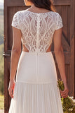 Boat Neck A-Line Ivory Cut Out Sweep Train Wedding Dress with Sleeves