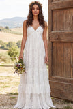 Ivory Lace Tiered A-Line Sweep Train Boho Wedding Dress