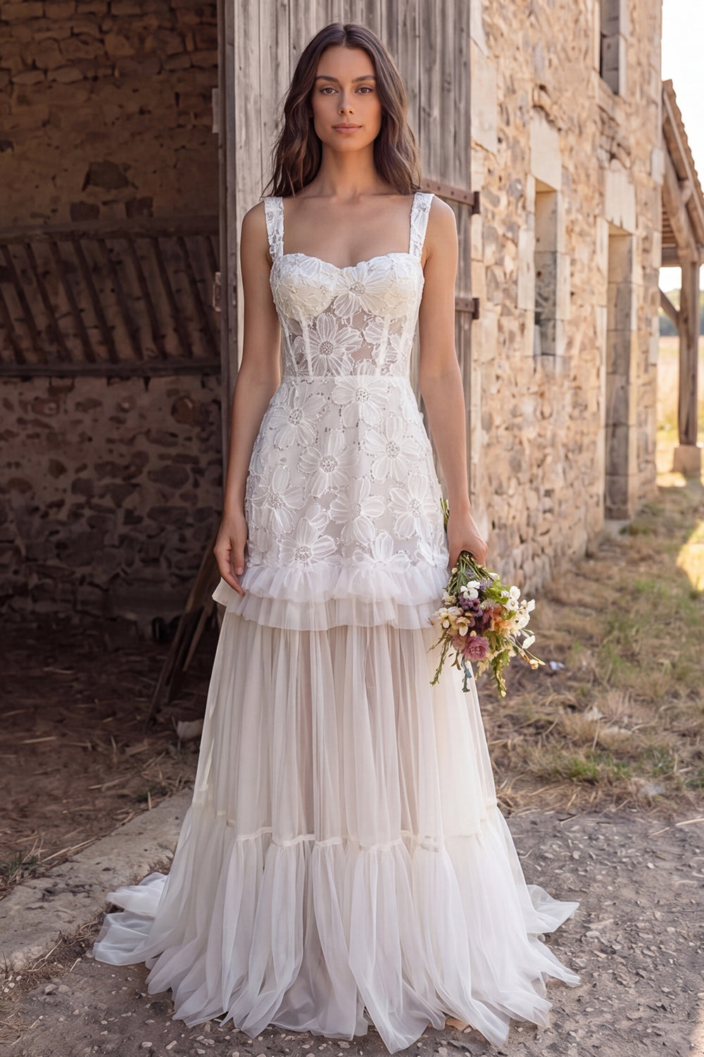 Floral Ivory Tulle Corset A-Line Sweep Train Wedding Dress with Beading