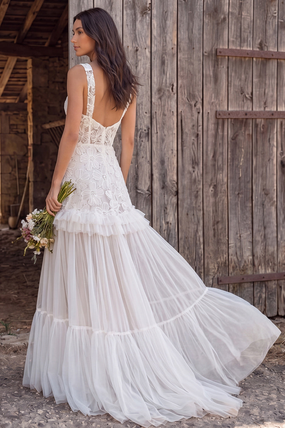 Floral Ivory Tulle Corset A-Line Sweep Train Wedding Dress with Beading