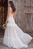 Floral Ivory Tulle Corset A-Line Sweep Train Wedding Dress with Beading
