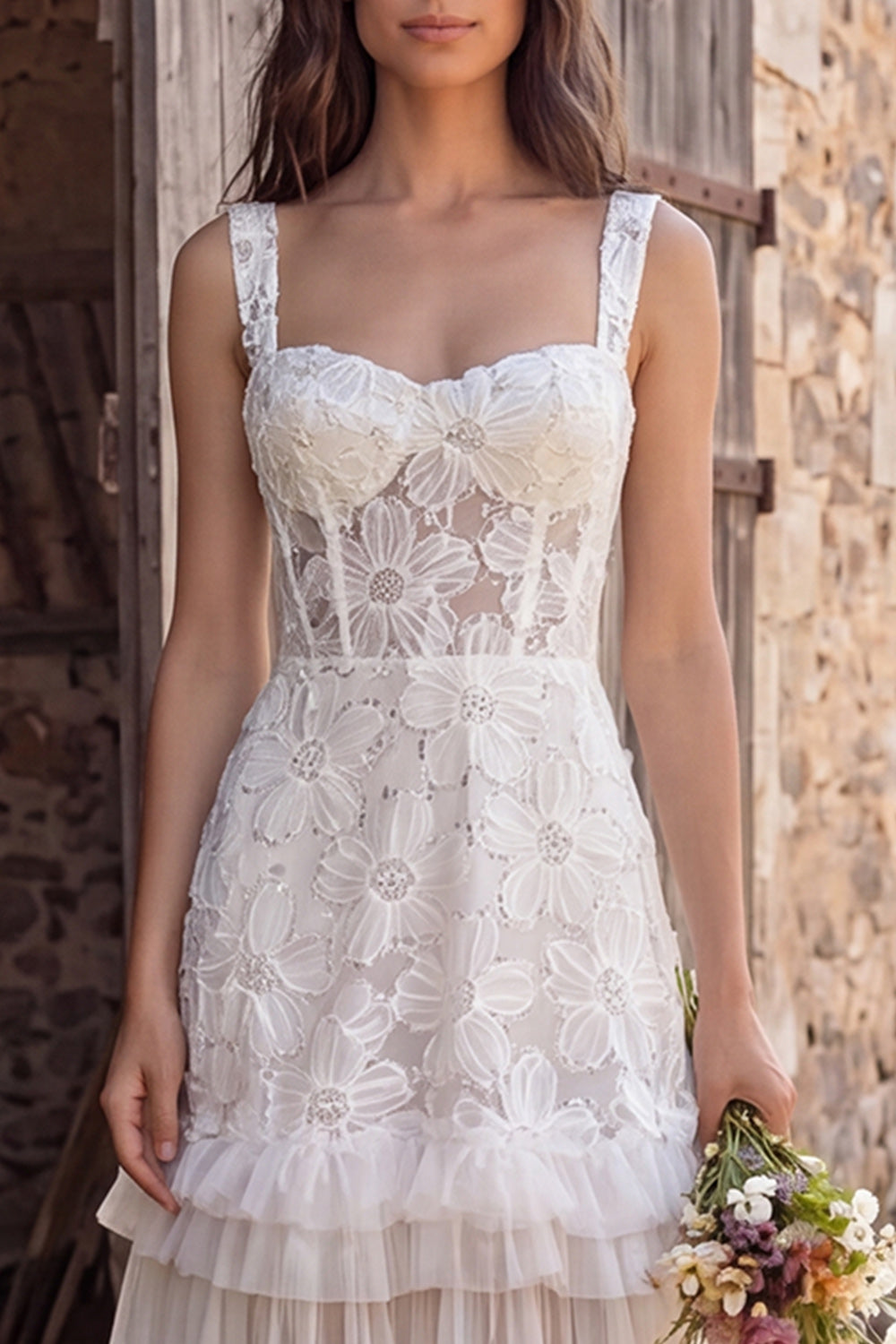 Floral Ivory Tulle Corset A-Line Sweep Train Wedding Dress with Beading