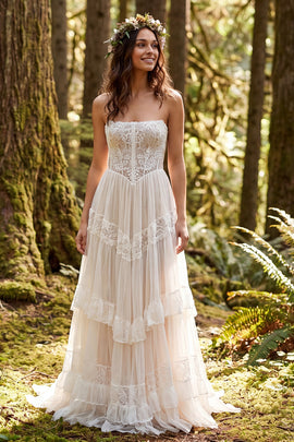 Ivory Strapless Corset A-Line Sweep Train Wedding Dress with Lace