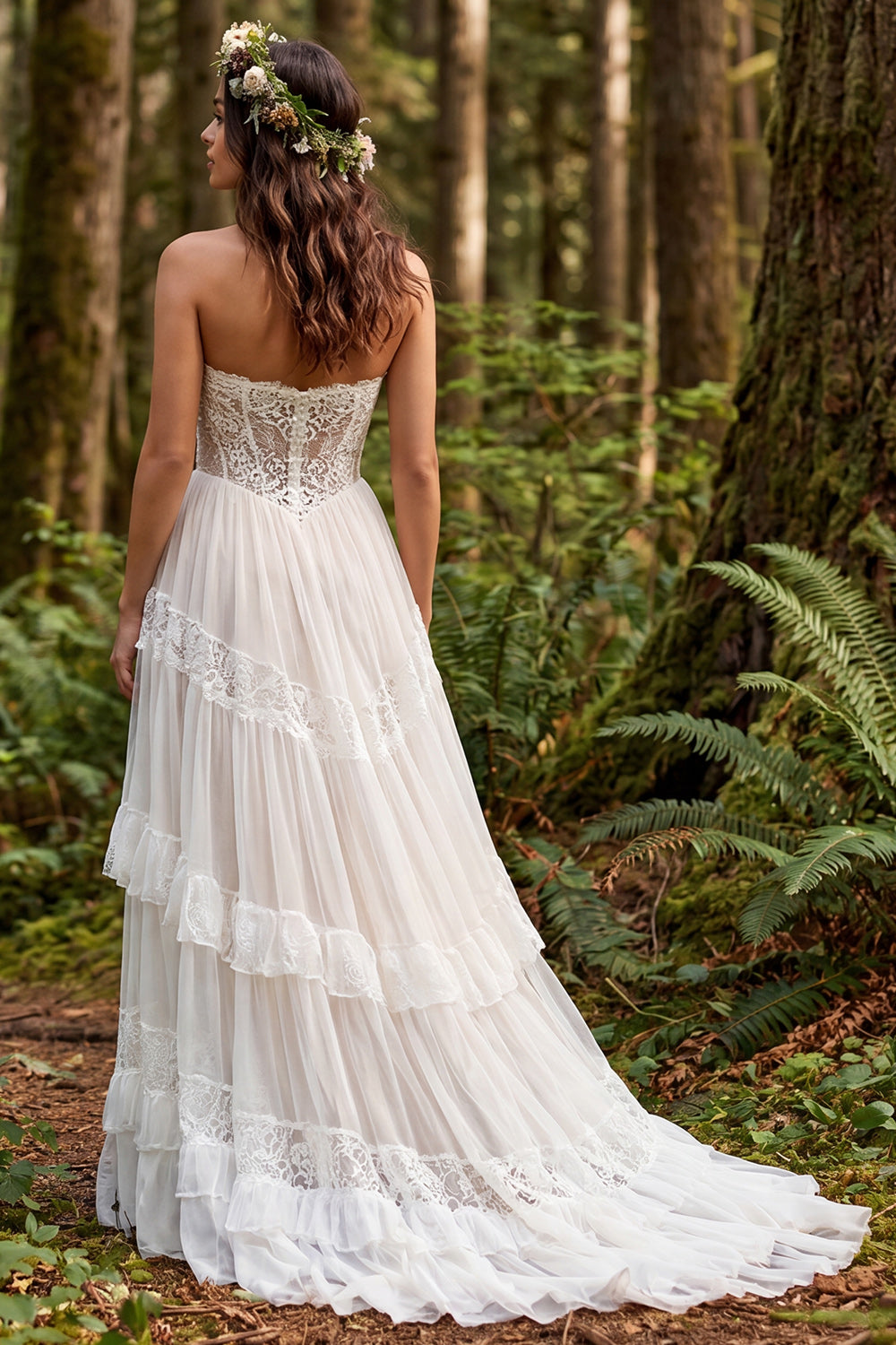 Ivory Strapless Corset A-Line Sweep Train Wedding Dress with Lace