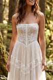 Ivory Strapless Corset A-Line Sweep Train Wedding Dress with Lace