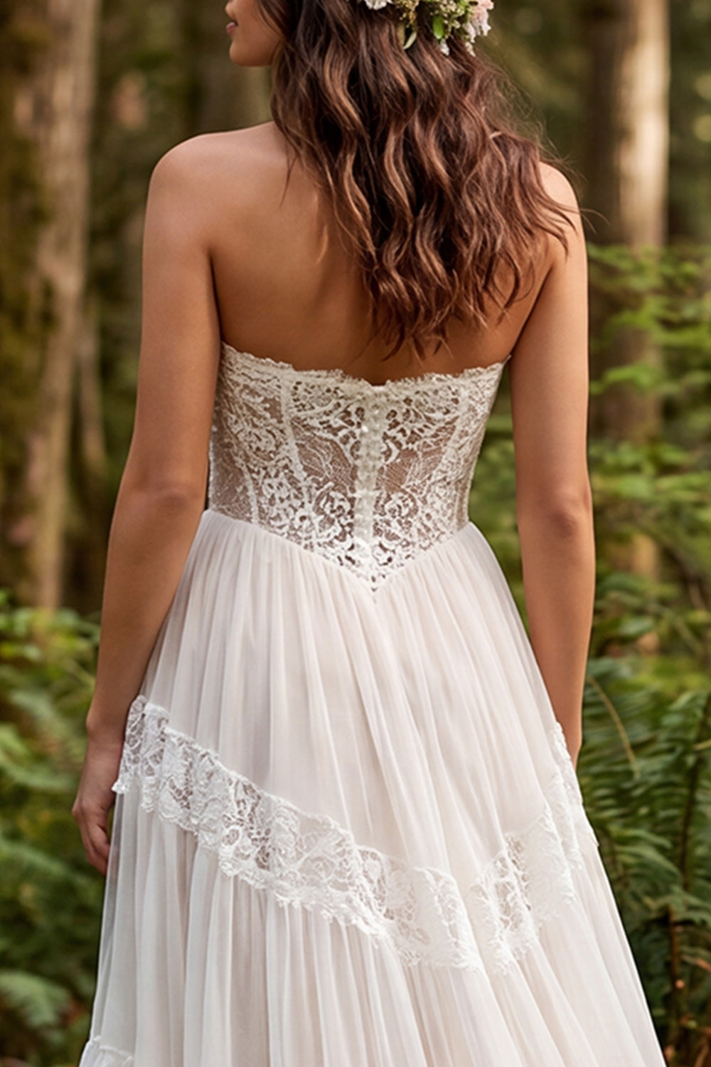 Ivory Strapless Corset A-Line Sweep Train Wedding Dress with Lace
