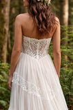 Ivory Strapless Corset A-Line Sweep Train Wedding Dress with Lace