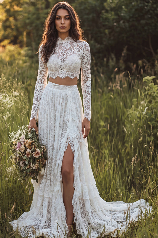 2 Piece Ivory Lace Sweep Train A-Line Boho Wedding Dress with Sleeves