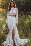 2 Piece Ivory Lace Sweep Train A-Line Boho Wedding Dress with Sleeves