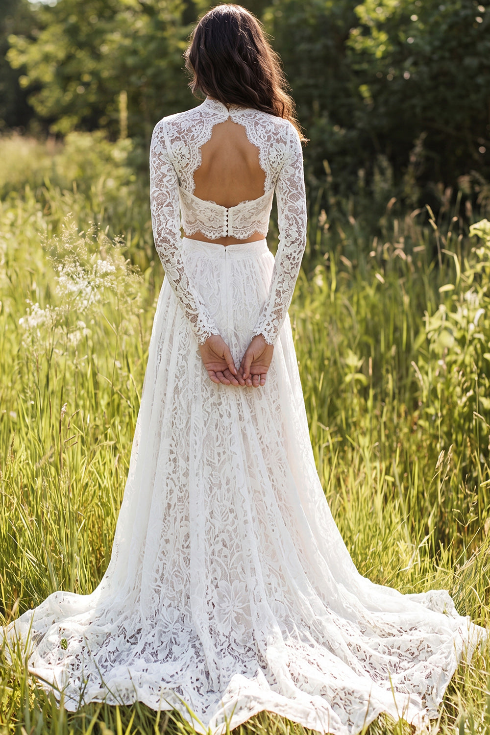 Zapakasa Women 2 Piece Ivory Lace Sweep Train Boho Wedding Dress with Sleeves A-Line High Neck Keyhole Back Bridal Dress with Slit