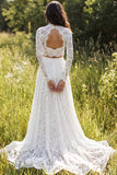 2 Piece Ivory Lace Sweep Train A-Line Boho Wedding Dress with Sleeves