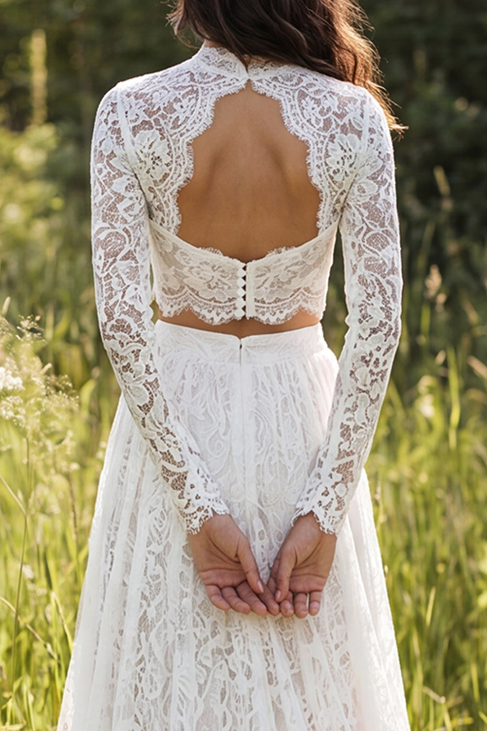2 Piece Ivory Lace Sweep Train A-Line Boho Wedding Dress with Sleeves