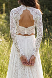 2 Piece Ivory Lace Sweep Train A-Line Boho Wedding Dress with Sleeves