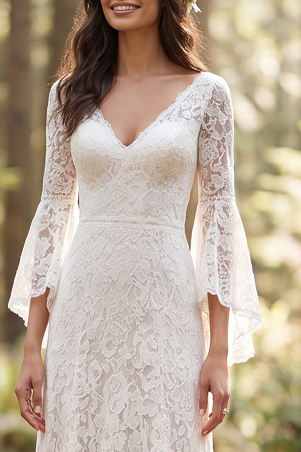 Flare Sleeves Ivory Lace Sweep Train V-Neck Boho Wedding Dress