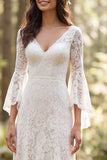 Flare Sleeves Ivory Lace Sweep Train V-Neck Boho Wedding Dress