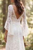 Flare Sleeves Ivory Lace Sweep Train V-Neck Boho Wedding Dress