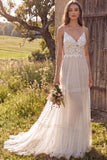 Floral Ivory Tulle Sweep Train A-Line Wedding Dress