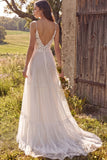Floral Ivory Tulle Sweep Train A-Line Wedding Dress