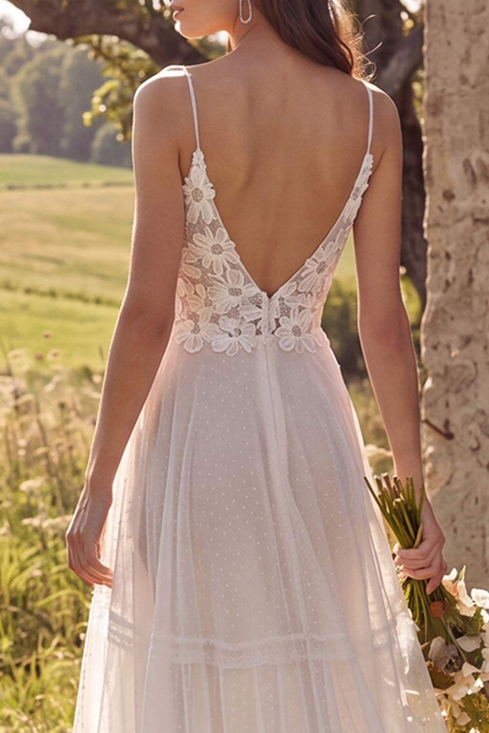 Floral Ivory Tulle Sweep Train A-Line Wedding Dress