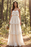 Ivory Tiered Sweetheart A-Line Sweep Train Wedding Dress with Lace
