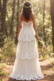 Ivory Tiered Sweetheart A-Line Sweep Train Wedding Dress with Lace