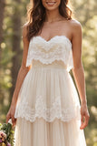 Ivory Tiered Sweetheart A-Line Sweep Train Wedding Dress with Lace