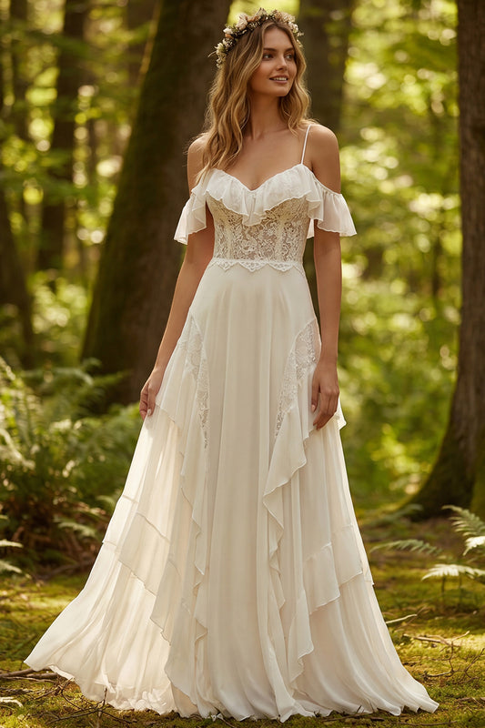 Ivory Tulle Ruffled A-Line Sweep Train Wedding Dress with Lace