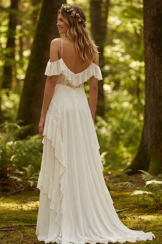 Ivory Tulle Ruffled A-Line Sweep Train Wedding Dress with Lace