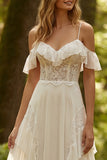 Ivory Chiffon Ruffled A-Line Sweep Train Wedding Dress with Lace