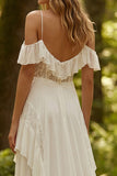 Ivory Chiffon Ruffled A-Line Sweep Train Wedding Dress with Lace