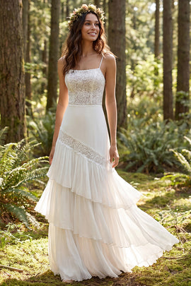 Ivory Chiffon Tiered A-Line Sweep Train Wedding Dress with Lace