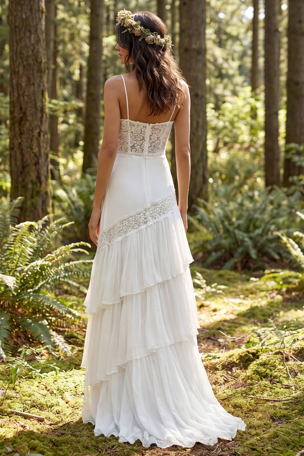 Ivory Chiffon Tiered A-Line Sweep Train Wedding Dress with Lace