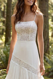 Ivory Chiffon Tiered A-Line Sweep Train Wedding Dress with Lace