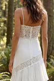 Ivory Chiffon Tiered A-Line Sweep Train Wedding Dress with Lace
