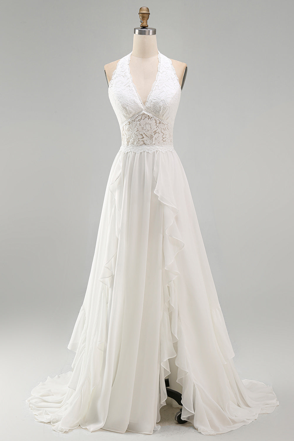Ivory Chiffon Ruffled A-Line Sweep Train Beach Wedding Dress with Lace