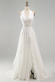 Ivory Chiffon Ruffled A-Line Sweep Train Beach Wedding Dress with Lace