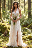 Ivory Chiffon Ruffled A-Line Sweep Train Wedding Dress with Lace