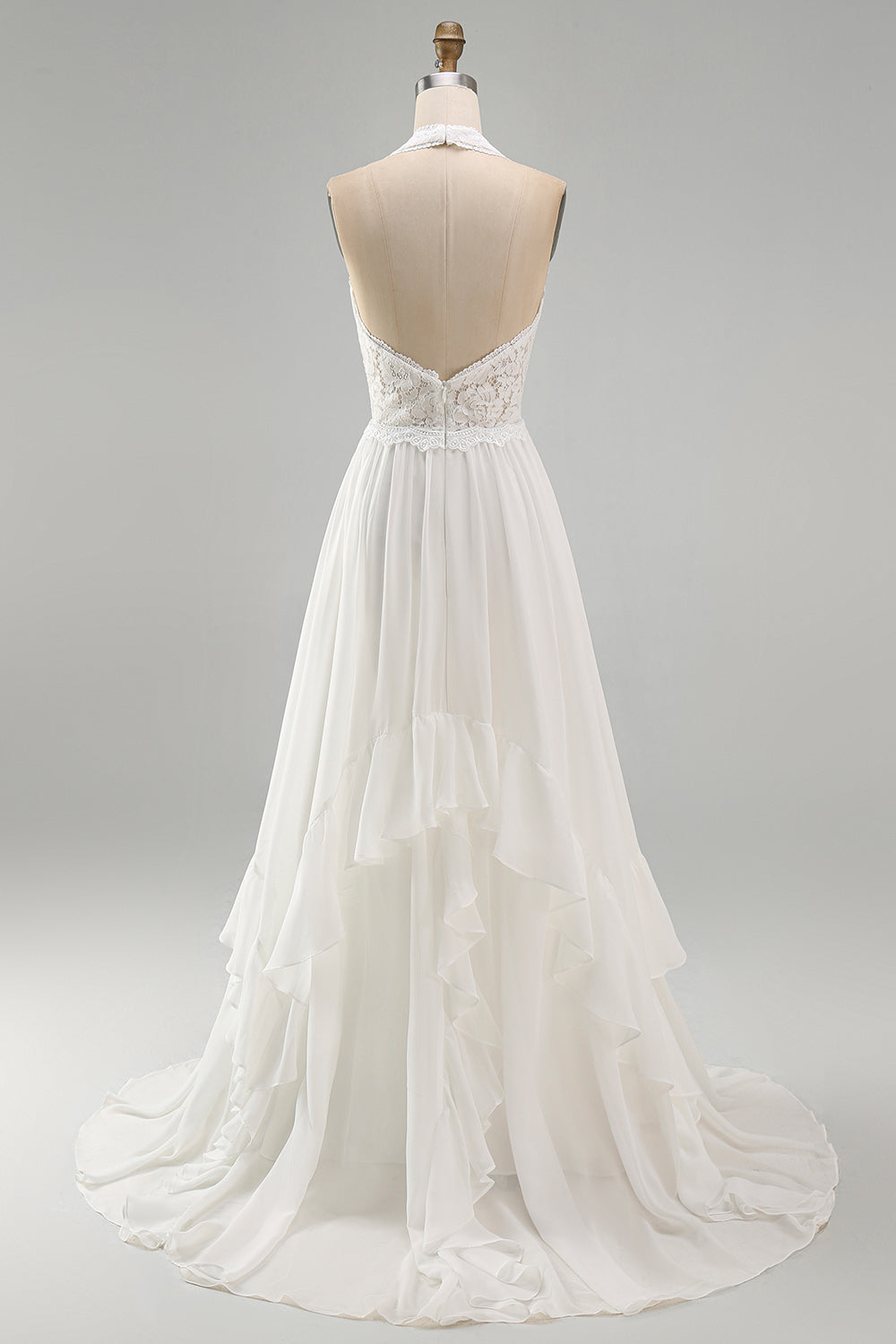 Ivory Chiffon Ruffled A-Line Sweep Train Beach Wedding Dress with Lace