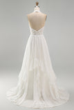 Ivory Chiffon Ruffled A-Line Sweep Train Beach Wedding Dress with Lace
