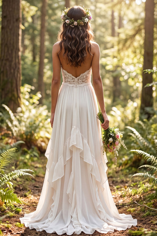 Ivory Ruffled A-Line Sweep Train Wedding Dress with Lace