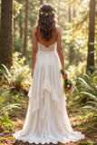 Ivory Chiffon Ruffled A-Line Sweep Train Wedding Dress with Lace