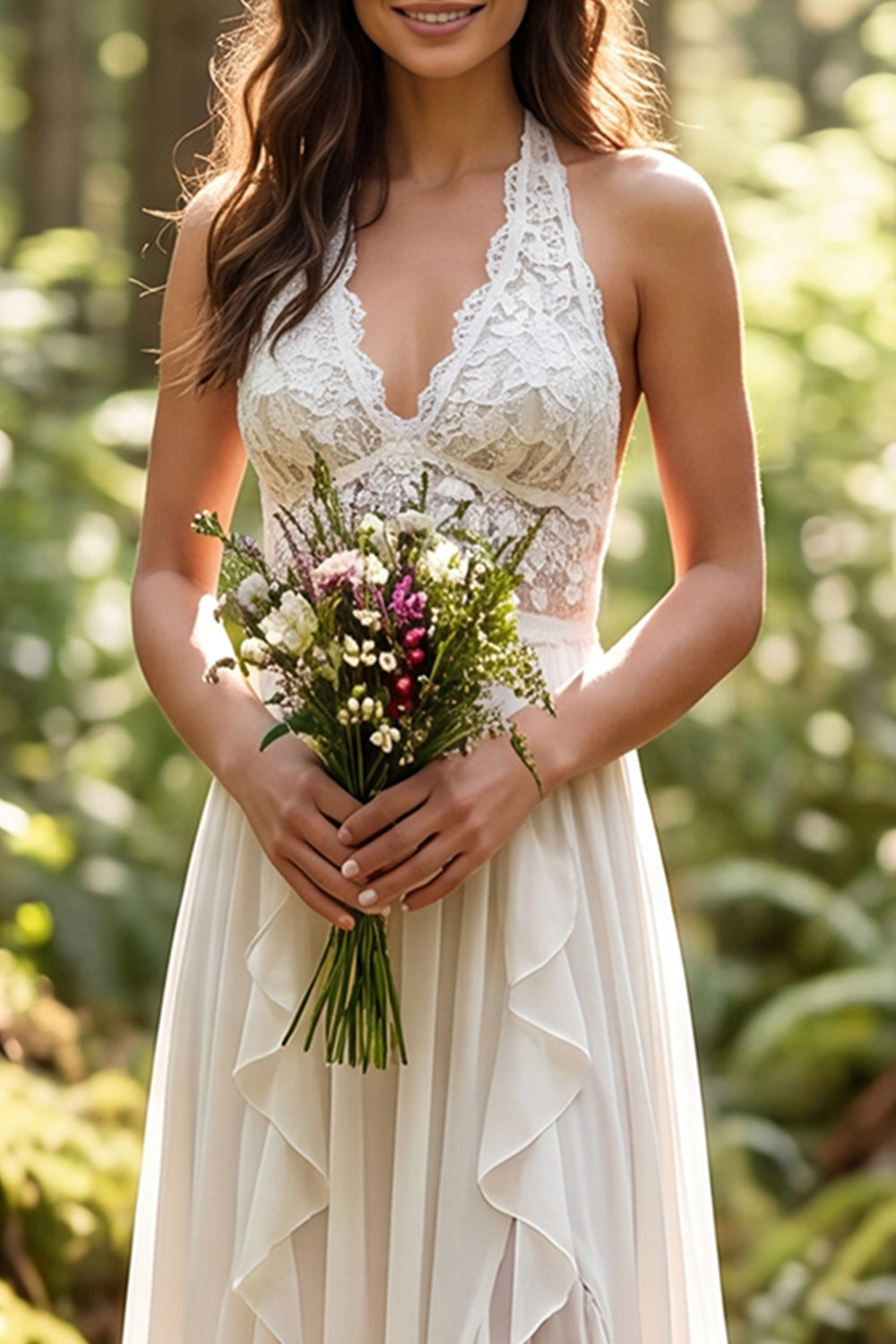 Ivory Chiffon Ruffled A-Line Sweep Train Wedding Dress with Lace