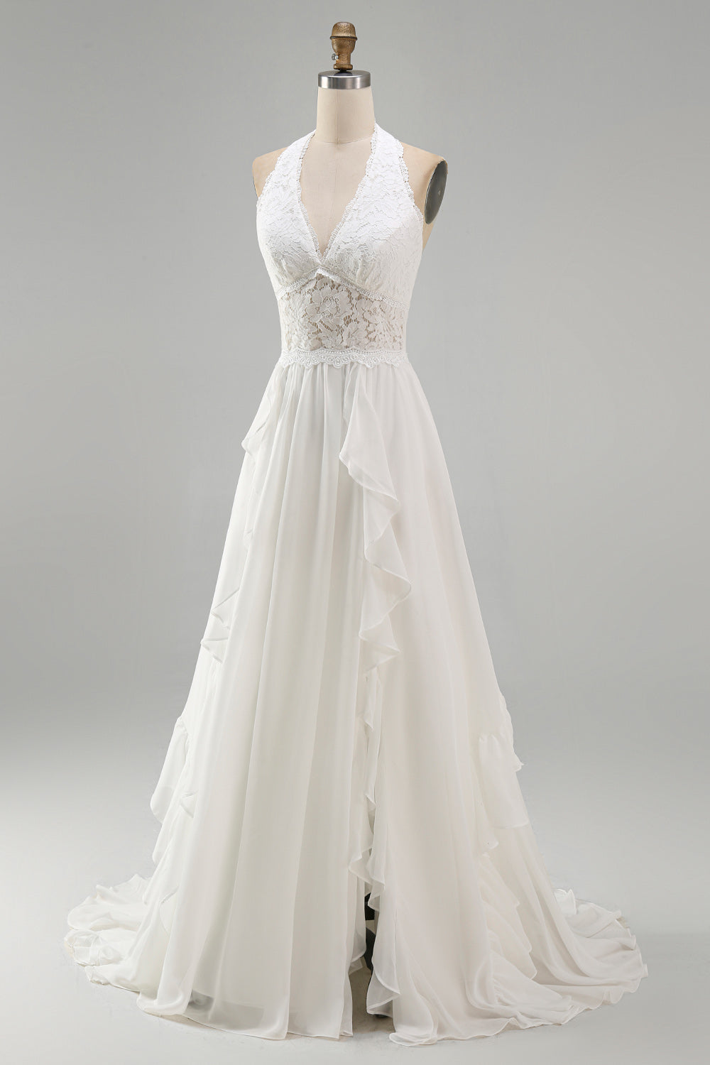 Ivory Chiffon Ruffled A-Line Sweep Train Beach Wedding Dress with Lace