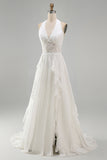 Ivory Chiffon Ruffled A-Line Sweep Train Beach Wedding Dress with Lace