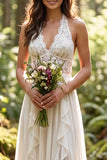 Ivory Chiffon Ruffled A-Line Sweep Train Wedding Dress with Lace