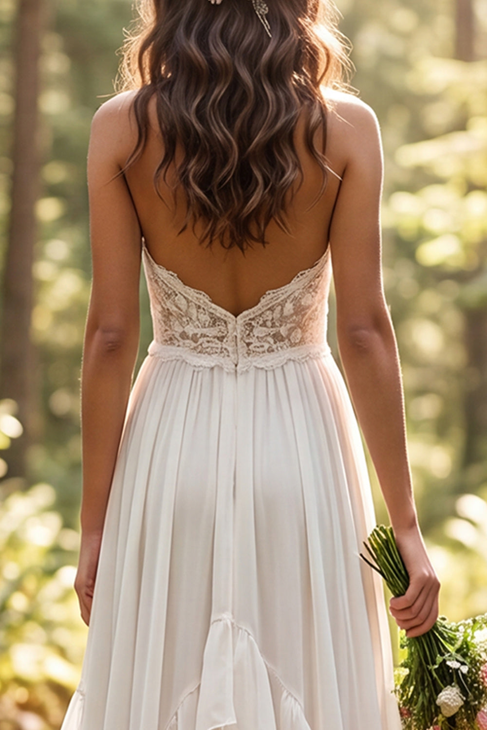 Ivory Chiffon Ruffled A-Line Sweep Train Wedding Dress with Lace