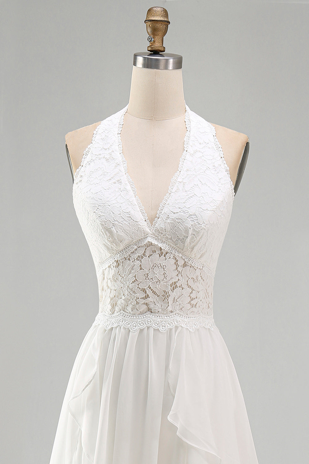Ivory Chiffon Ruffled A-Line Sweep Train Beach Wedding Dress with Lace