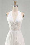 Ivory Chiffon Ruffled A-Line Sweep Train Beach Wedding Dress with Lace