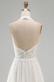 Ivory Chiffon Ruffled A-Line Sweep Train Beach Wedding Dress with Lace